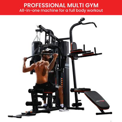 Professional multi-gym for full-body workouts, featuring pull-up bar, weight stack, and adjustable bench.