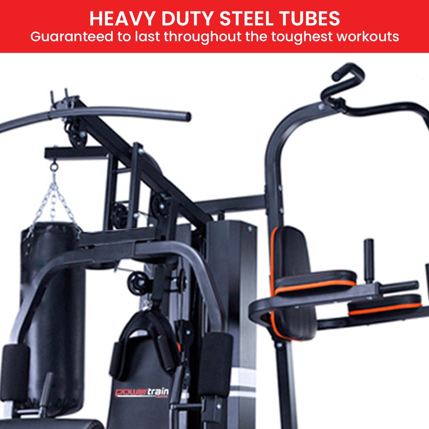 Heavy duty steel tube home gym with punching bag and workout stations