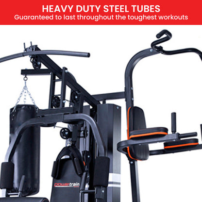 Heavy duty steel tube home gym with punching bag and workout stations