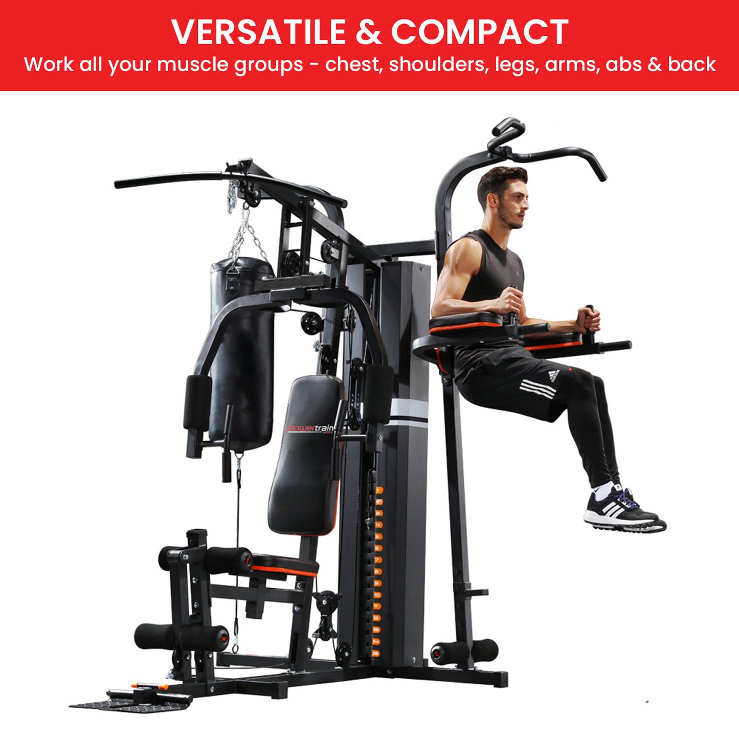 Compact home gym machine for full-body workouts targeting chest, shoulders, legs, arms, abs & back