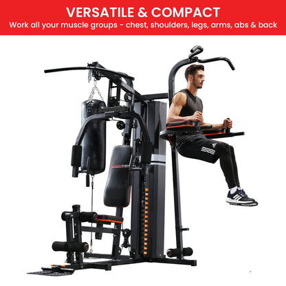 Compact home gym machine for full-body workouts targeting chest, shoulders, legs, arms, abs & back