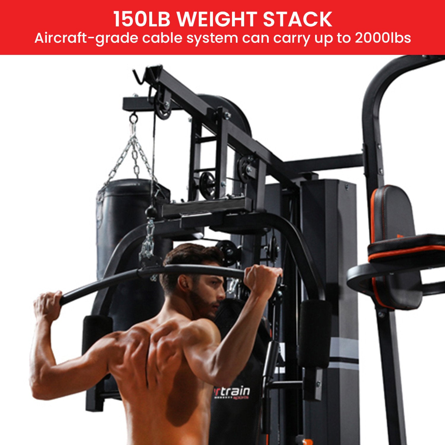 Man using 150LB weight stack home gym machine with aircraft-grade cable system for strength training