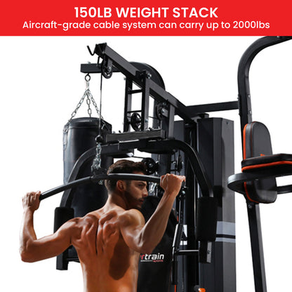Man using 150LB weight stack home gym machine with aircraft-grade cable system for strength training