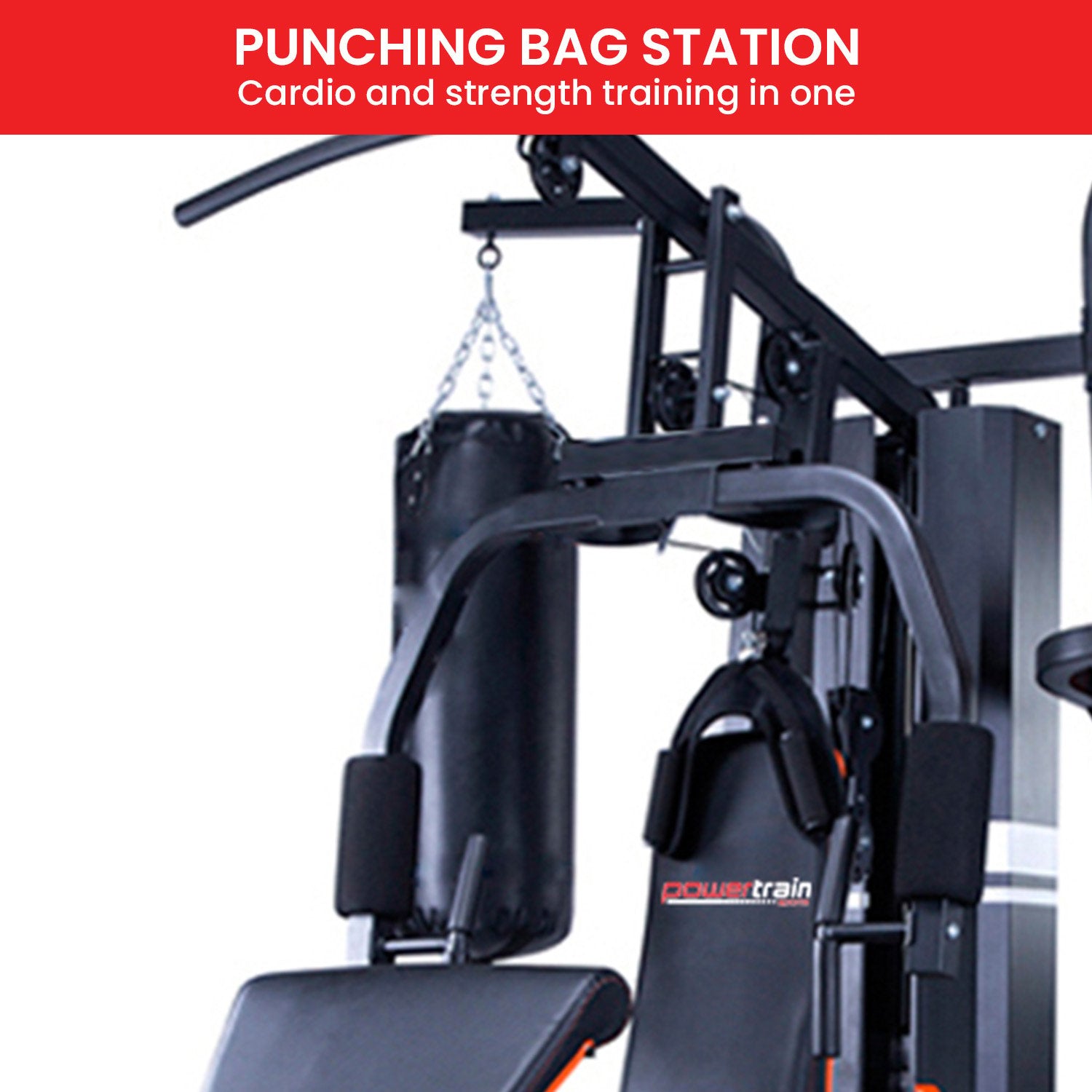 Punching bag station for cardio and strength training, featuring Powertrain equipment