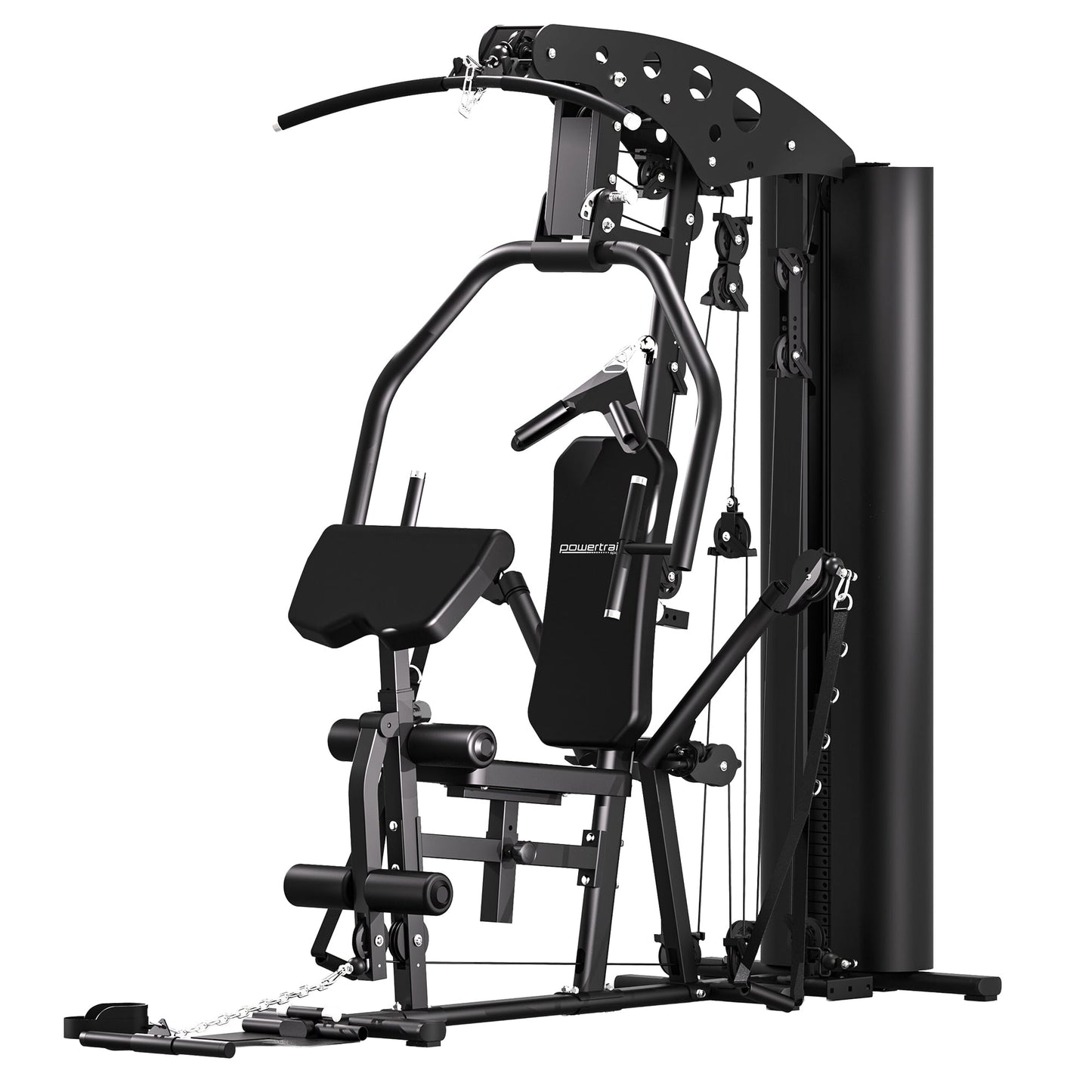 Black home gym machine with weight stack, pulleys, and adjustable bench for full-body workouts