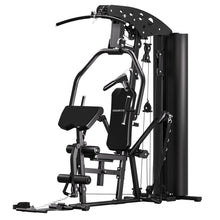 Black home gym machine with weight stack, pulleys, and adjustable bench for full-body workouts