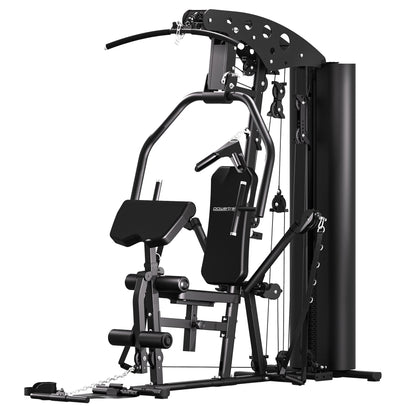 Black home gym machine with weight stack, pulleys, and adjustable bench for full-body workouts