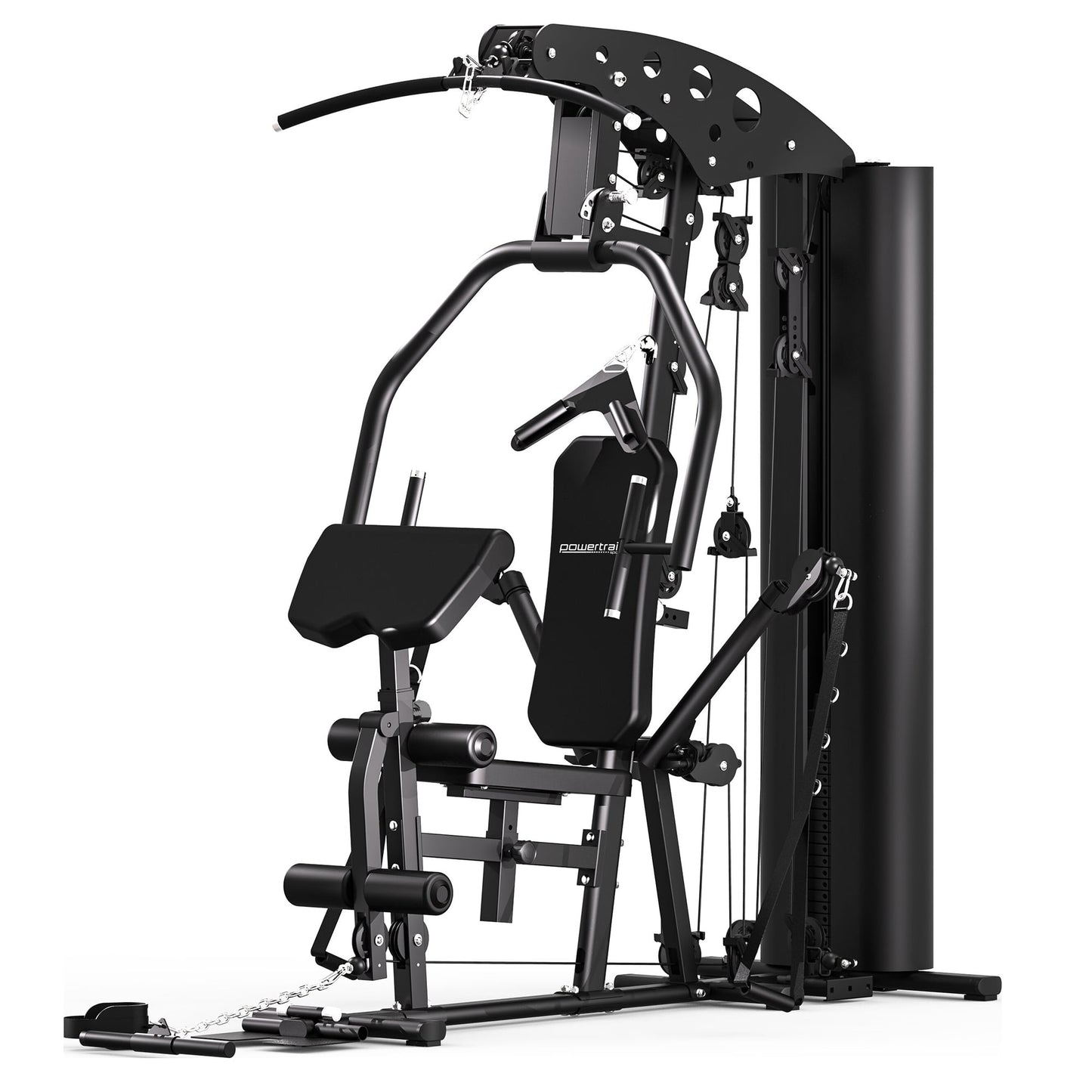 Black home gym machine with weight stack, cable pulleys, and adjustable bench for full-body workouts