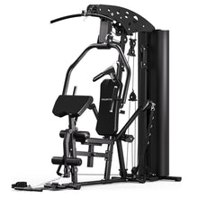 Black home gym machine with weight stack, cable pulleys, and adjustable bench for full-body workouts