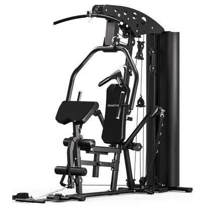 Black home gym machine with weight stack, cable pulleys, and adjustable bench for full-body workouts