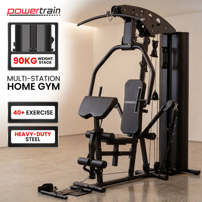 Multi-station home gym with 90kg weight stack, 40+ exercises, heavy-duty steel construction
