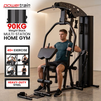 Man using heavy-duty 90kg multi-station home gym for strength training exercises