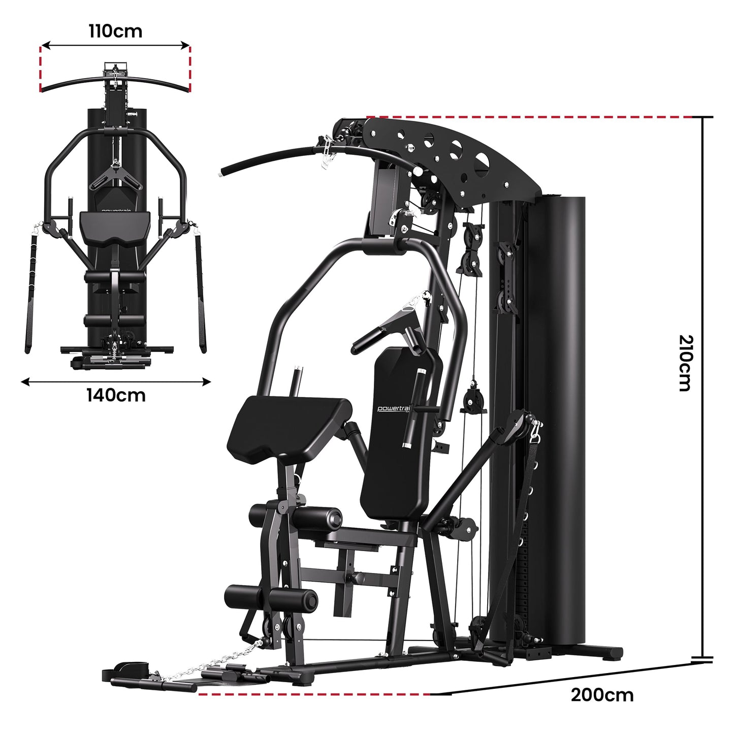 Black home gym machine with dimensions, multi-functional workout station for strength training
