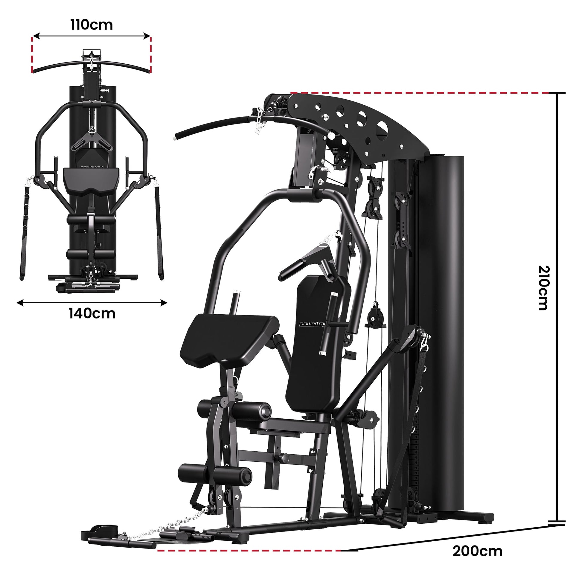 Black home gym machine with dimensions, multi-functional workout station for strength training