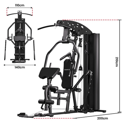 Black home gym machine with dimensions, multi-functional workout station for strength training