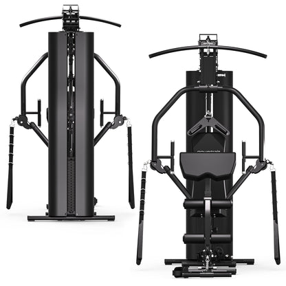 Black multi-functional home gym machine with pull-up bar, resistance bands, and adjustable seat for full-body workouts