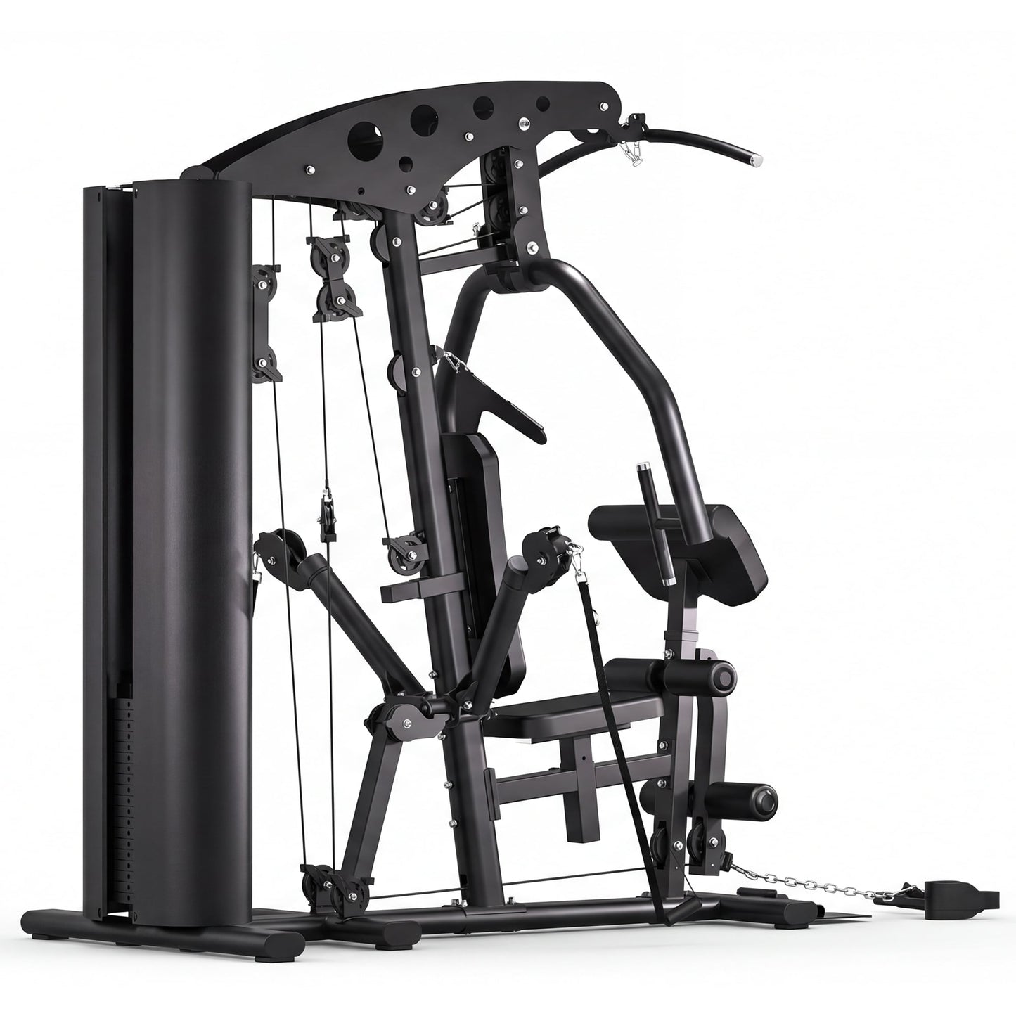 Black home gym machine with weight stack and pulley system for full-body workouts