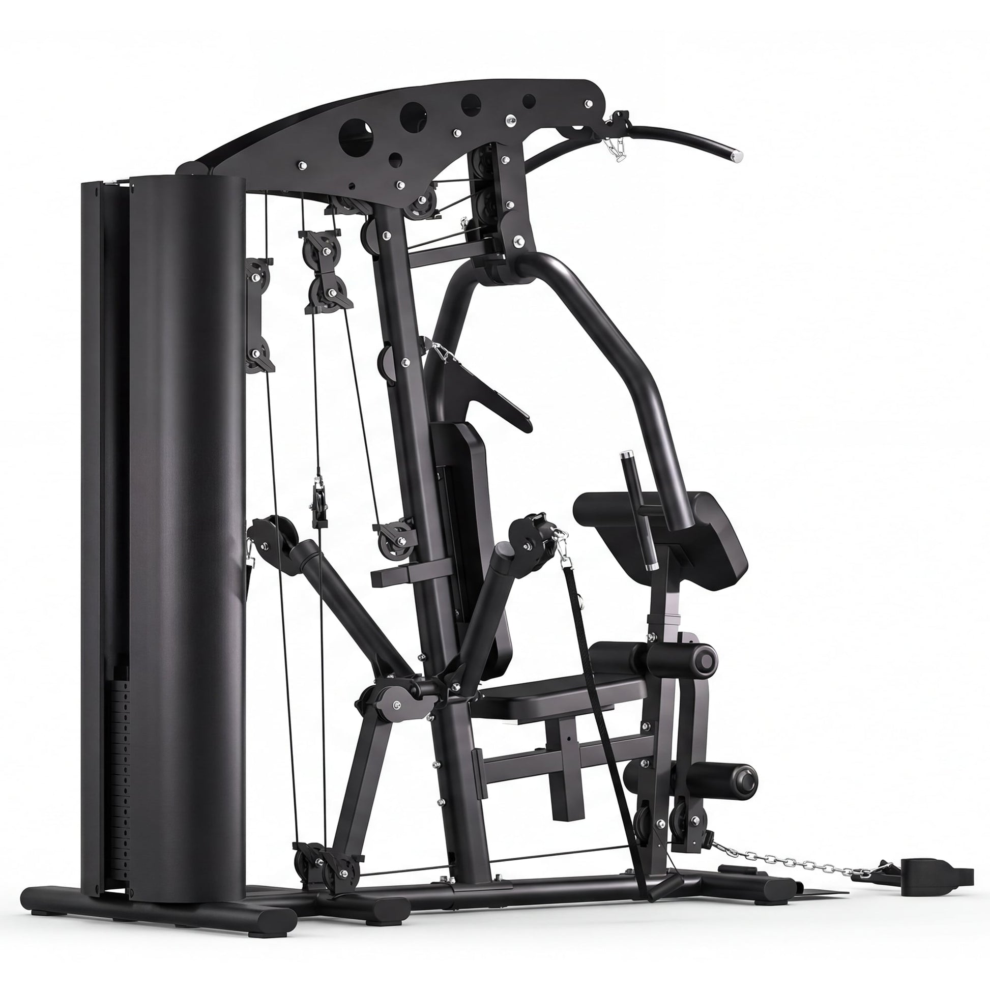 Black home gym machine with weight stack and pulley system for full-body workouts