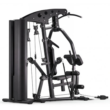 Black home gym machine with weight stack and pulley system for full-body workouts
