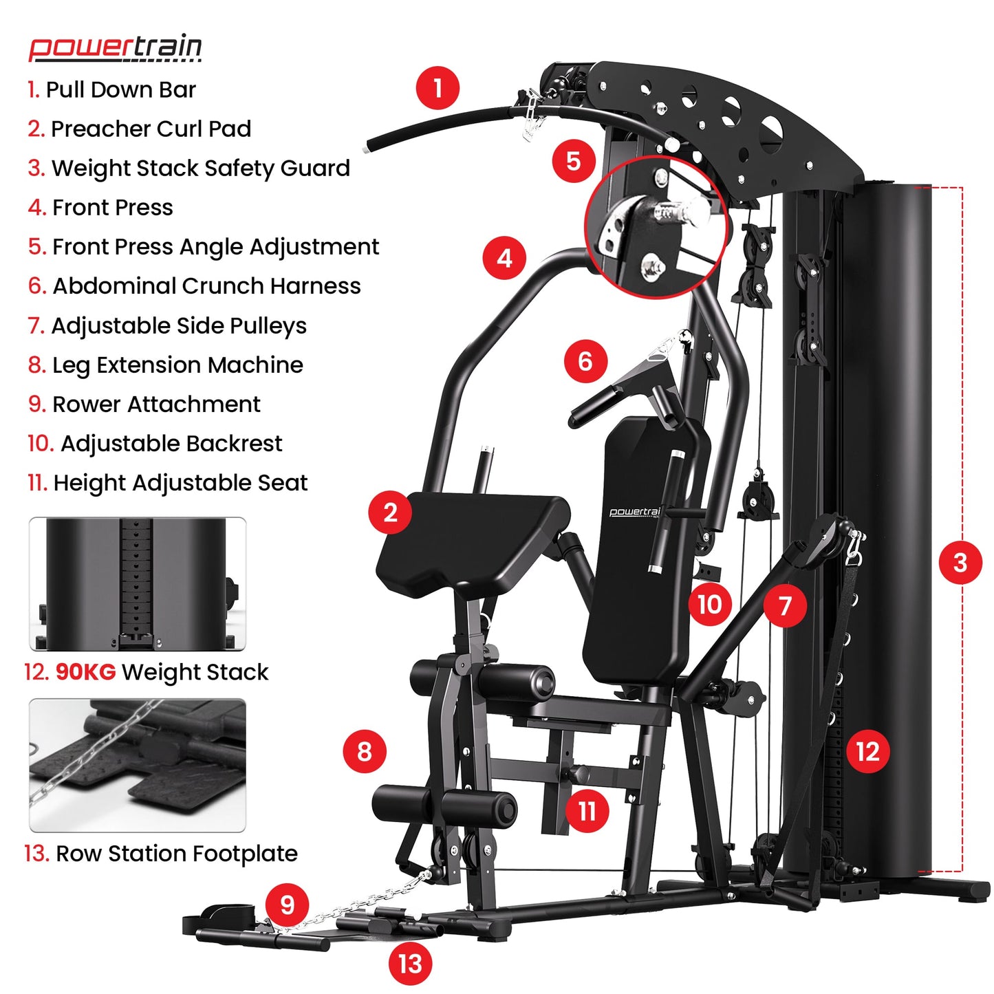 Powertrain home gym machine with pull-down bar, weight stack, and adjustable features for full-body workouts