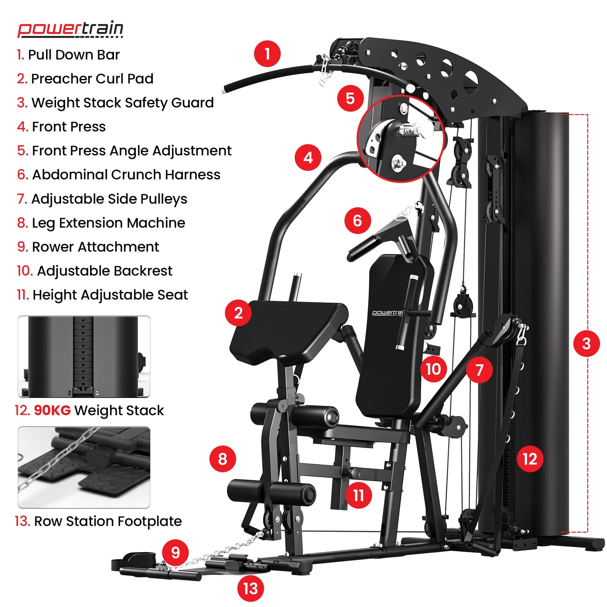 Powertrain home gym machine with pull-down bar, weight stack, and adjustable features for full-body workouts