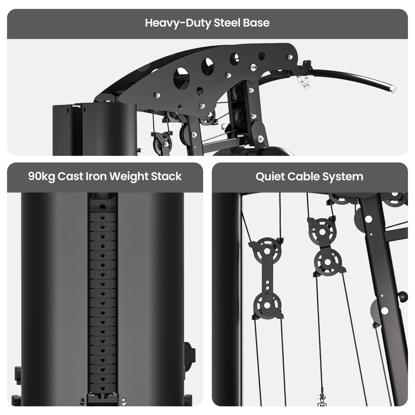Heavy-duty steel base, 90kg cast iron weight stack, quiet cable system for home gym equipment