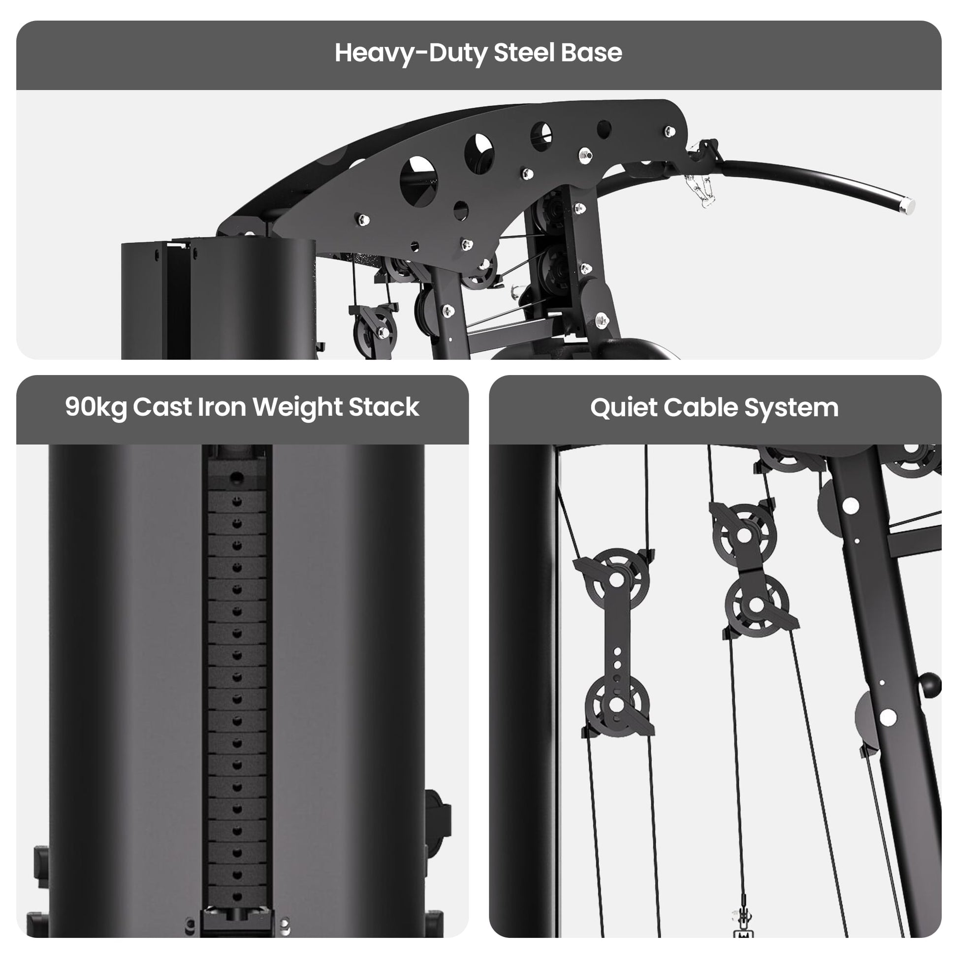 Heavy-duty steel base, 90kg cast iron weight stack, quiet cable system for home gym equipment