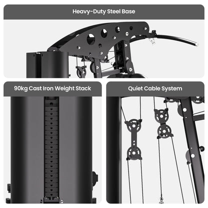 Heavy-duty steel base, 90kg cast iron weight stack, quiet cable system for home gym equipment