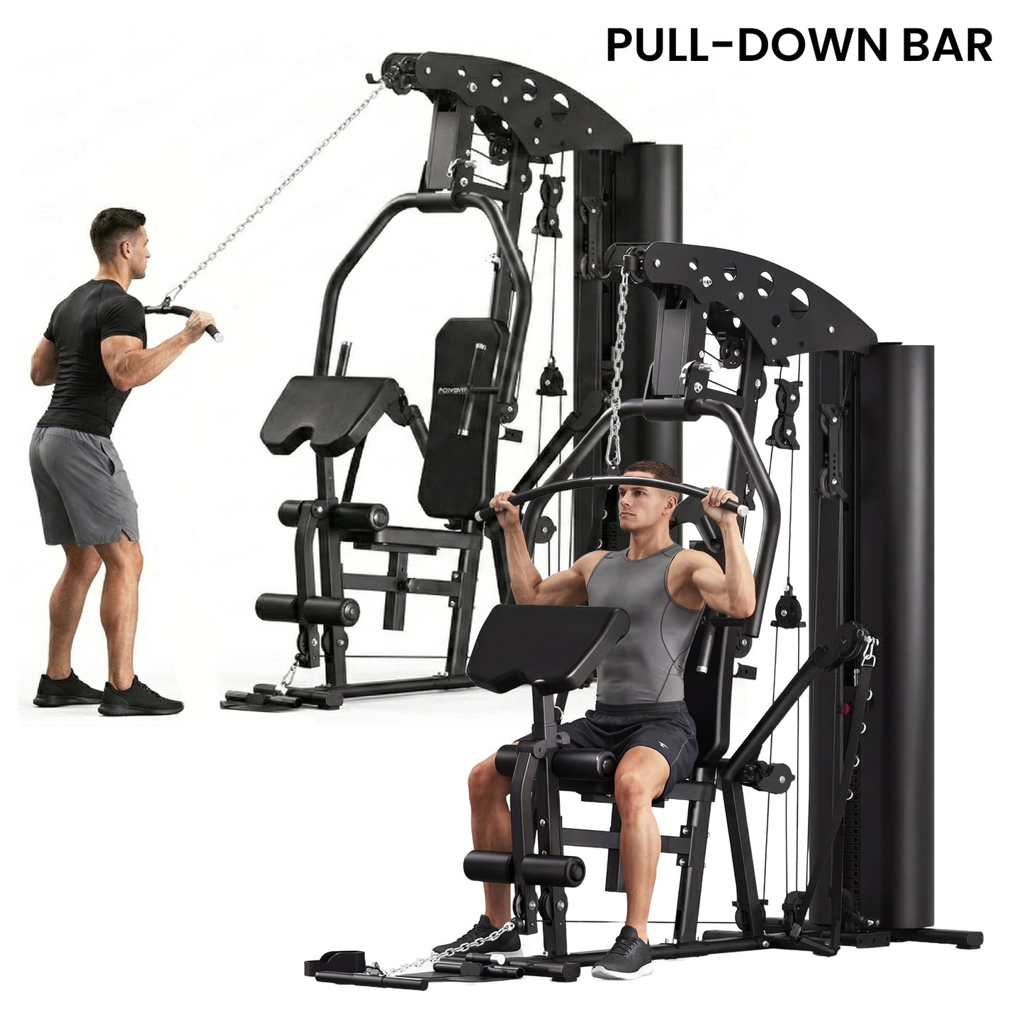 Man using pull-down bar on home gym machine for strength training workouts