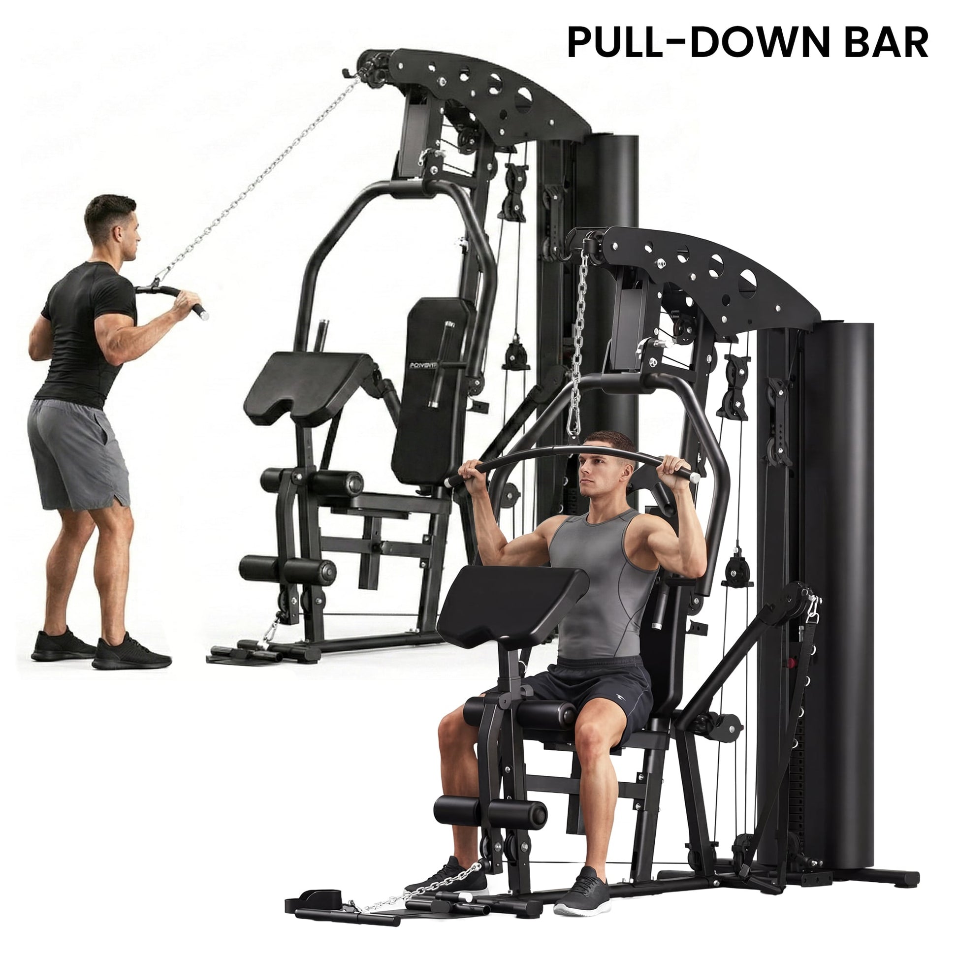 Man using pull-down bar on home gym machine for strength training workouts