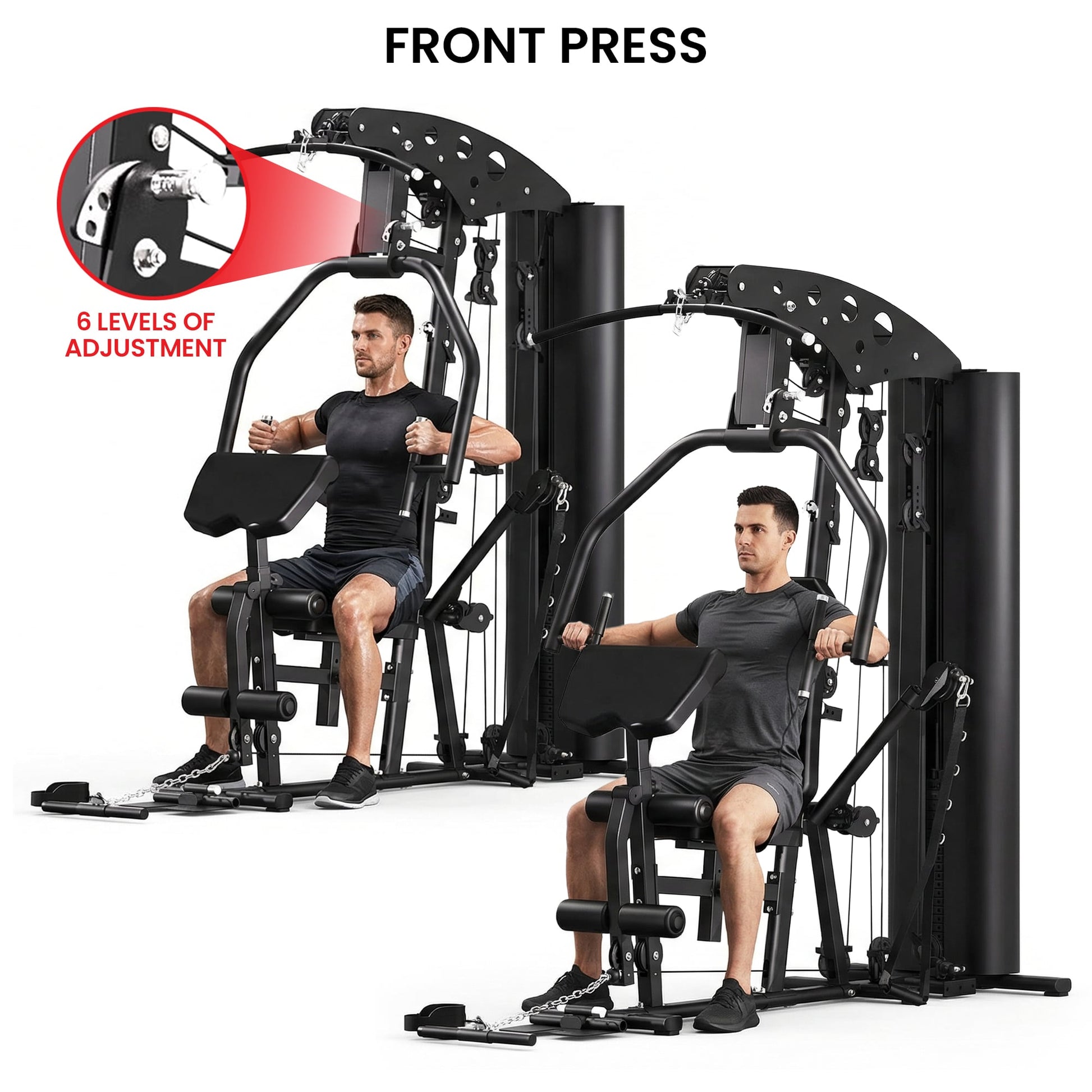 Front press gym machine with 6-level adjustment, shown in use for chest workouts