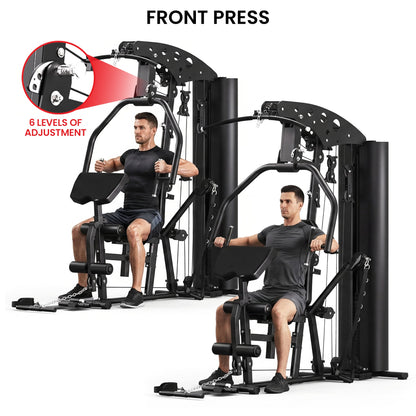 Front press gym machine with 6-level adjustment, shown in use for chest workouts