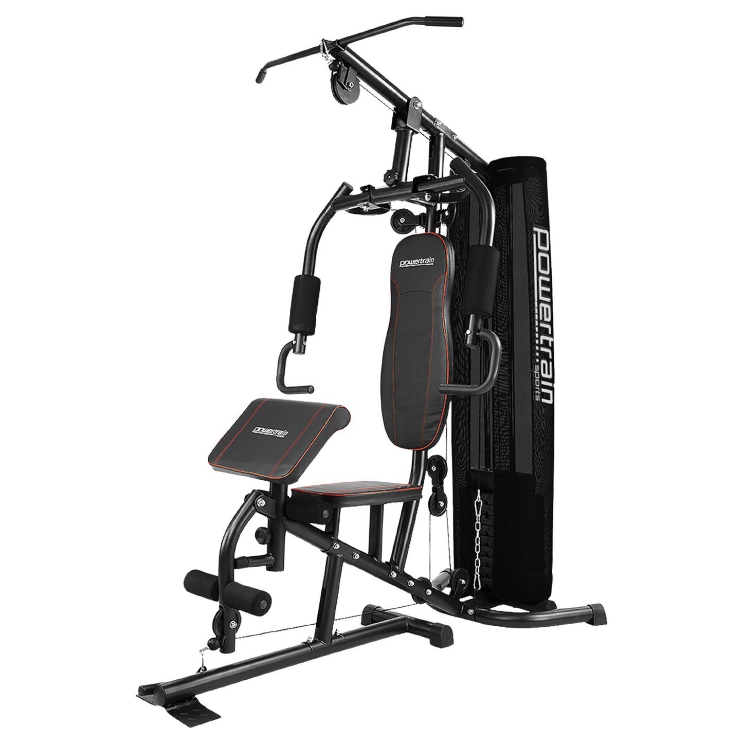 Powertrain home gym machine with weight stack, pull-up bar, and adjustable bench for full-body workouts