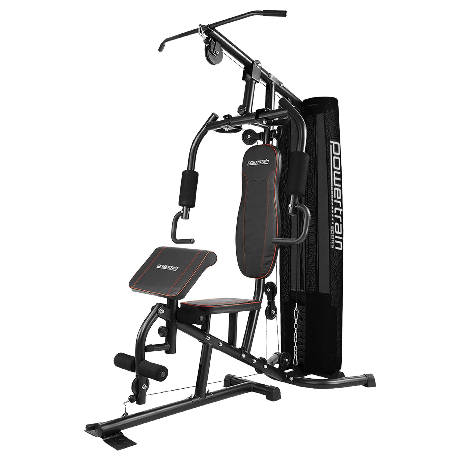 Powertrain home gym machine with weight stack, pull-up bar, and adjustable bench for full-body workouts