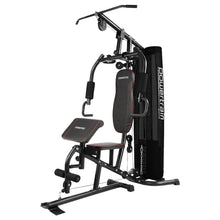 Powertrain home gym machine with weight stack, pull-up bar, and adjustable bench for full-body workouts