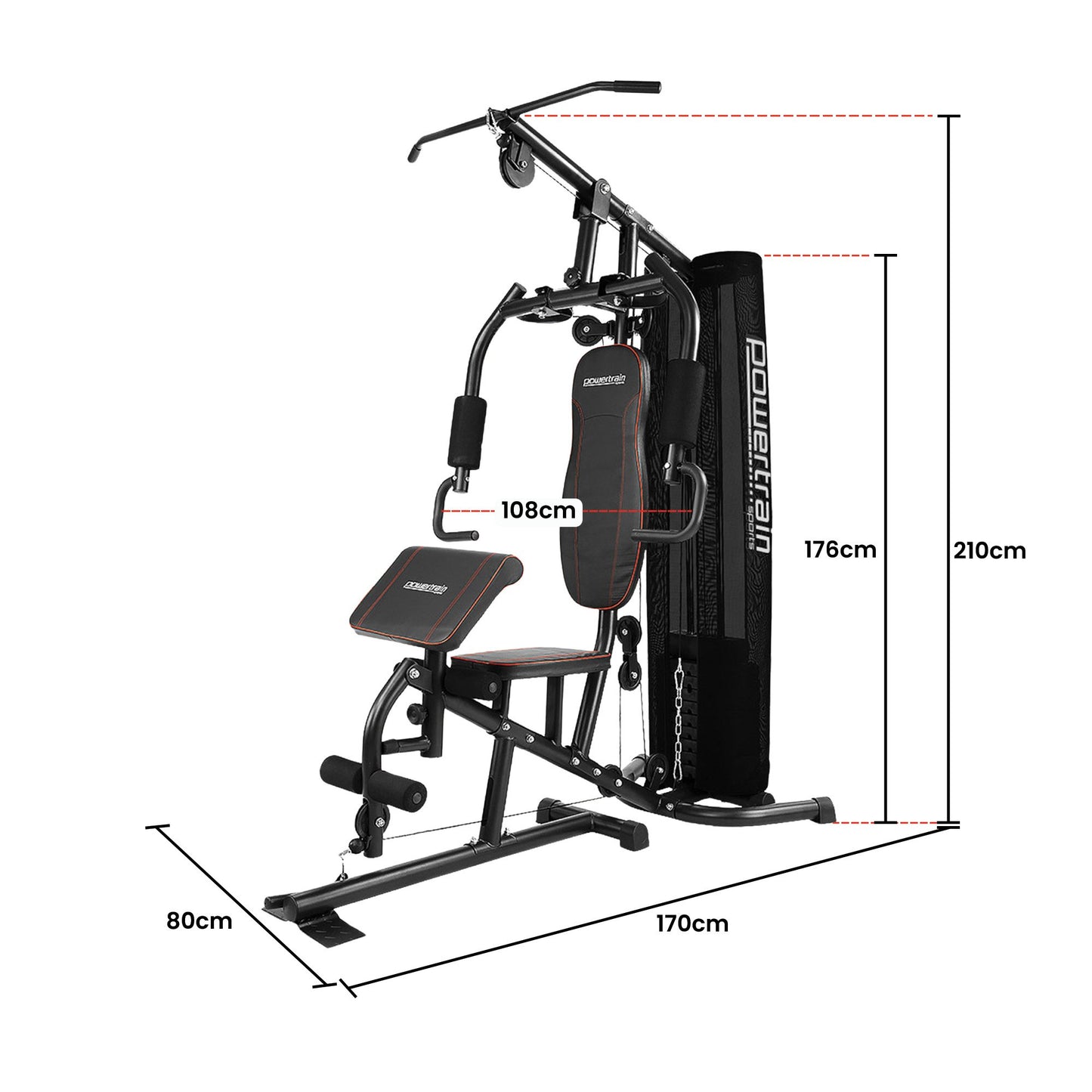 Powertrain home gym machine with dimensions, black frame, padded seat, and pull-up bar for strength training