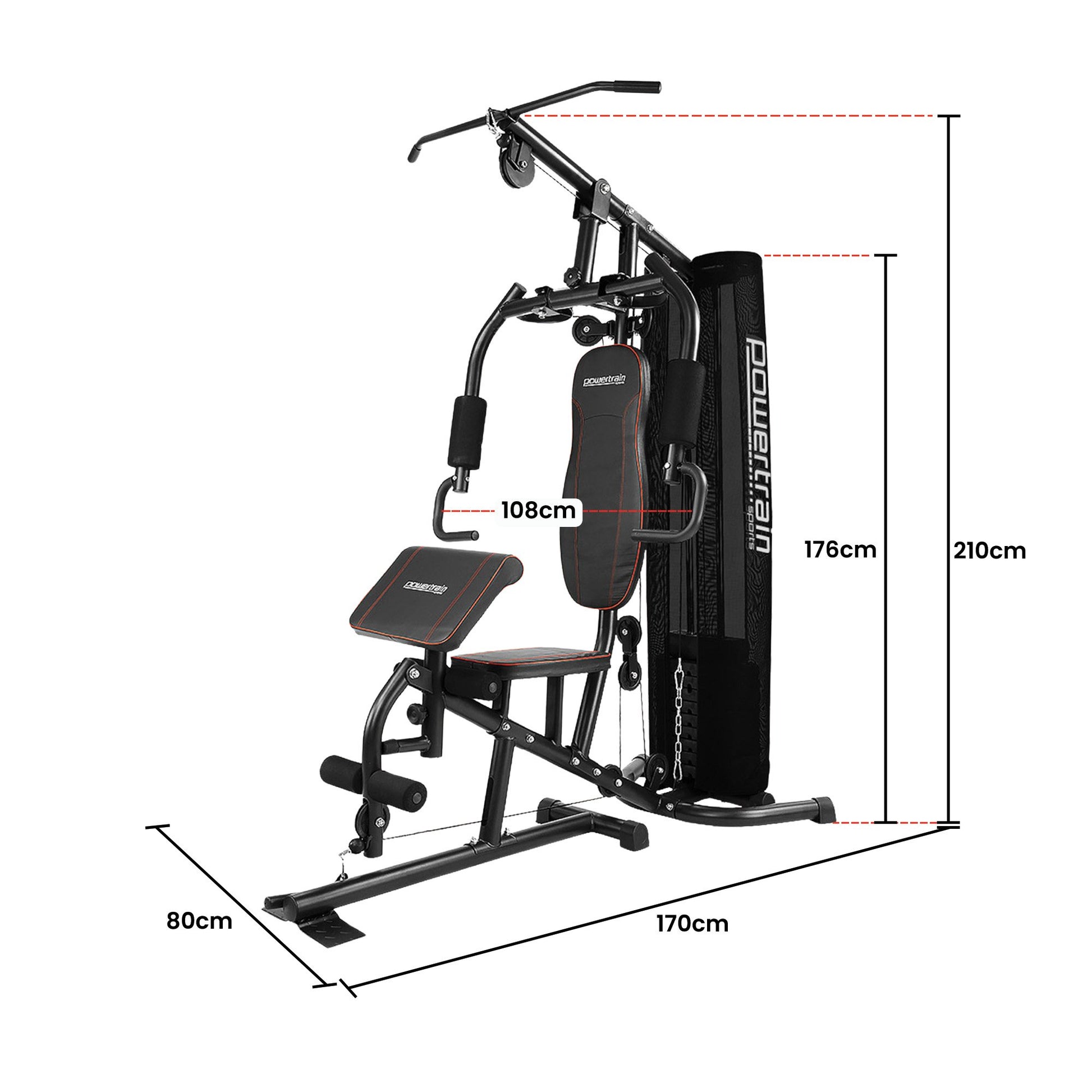 Powertrain home gym machine with dimensions, black frame, padded seat, and pull-up bar for strength training
