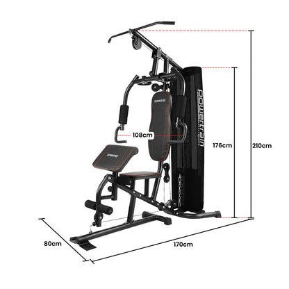 Powertrain home gym machine with dimensions, black frame, padded seat, and pull-up bar for strength training