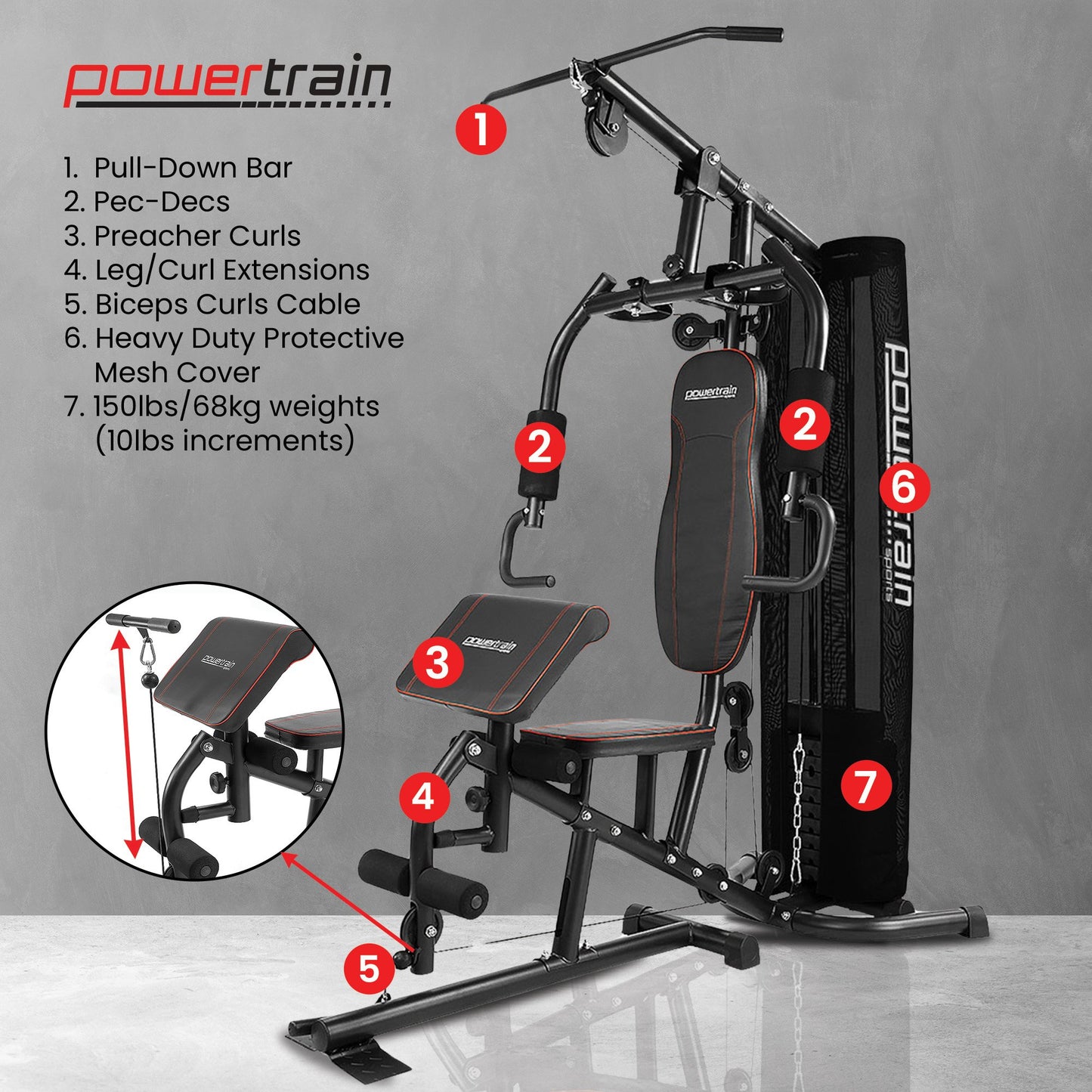 Powertrain home gym with pull-down bar, weight stack, and multi-functional workout stations for strength training