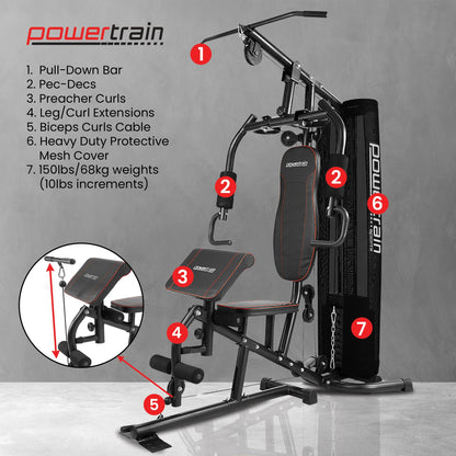 Powertrain home gym with pull-down bar, weight stack, and multi-functional workout stations for strength training