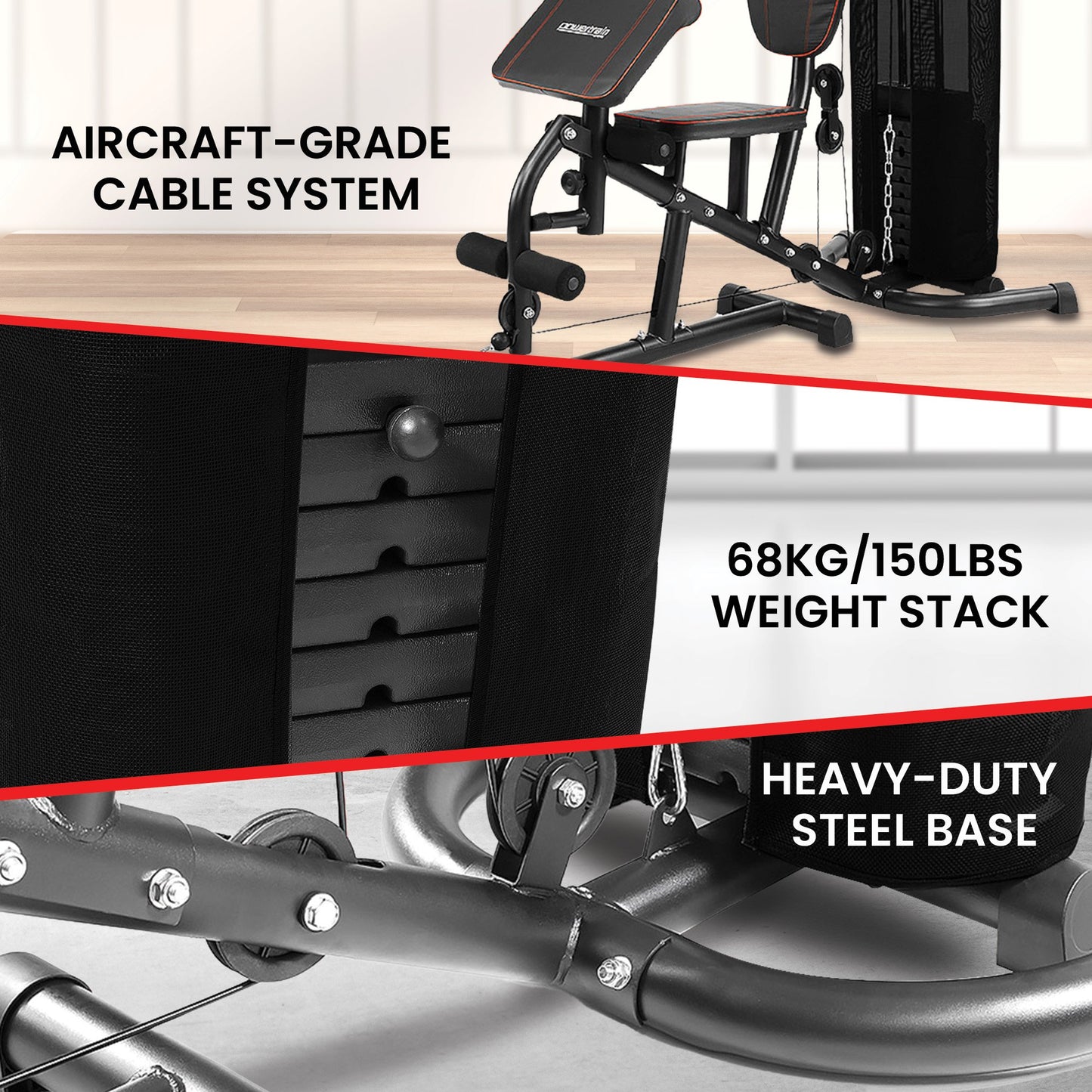 Home gym machine with aircraft-grade cable system, 68kg weight stack, heavy-duty steel base