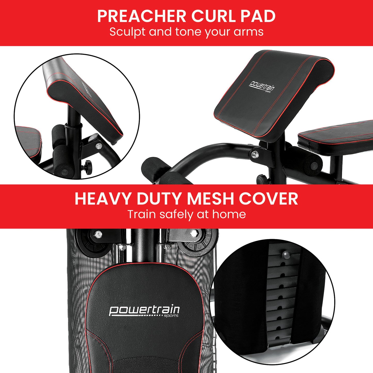 Preacher curl pad for arm sculpting, heavy-duty mesh cover, home gym equipment with red trim