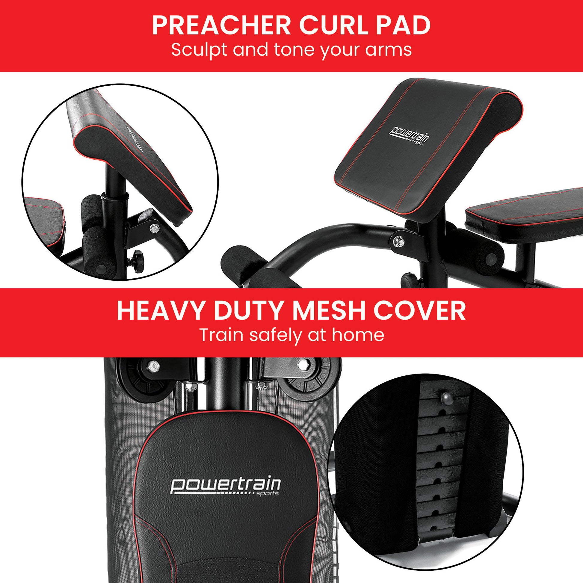 Preacher curl pad for arm sculpting, heavy-duty mesh cover, home gym equipment with red trim