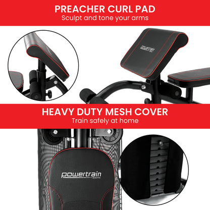 Preacher curl pad for arm sculpting, heavy-duty mesh cover, home gym equipment with red trim