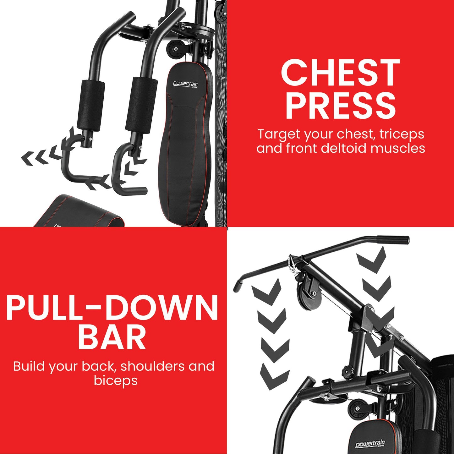Powertrain home gym with chest press & pull-down bar for chest, back, shoulders, triceps, biceps workout