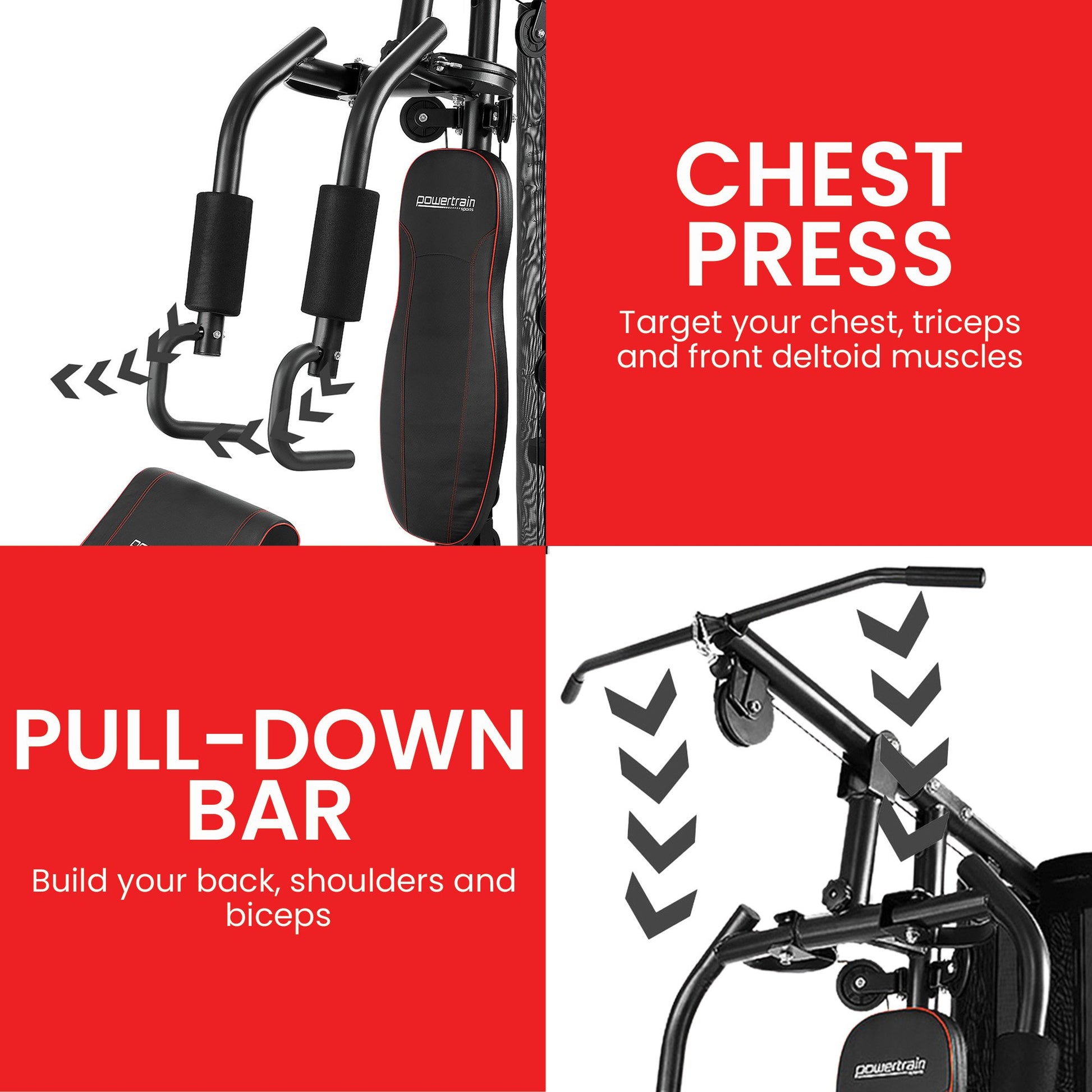 Powertrain home gym with chest press & pull-down bar for chest, back, shoulders, triceps, biceps workout