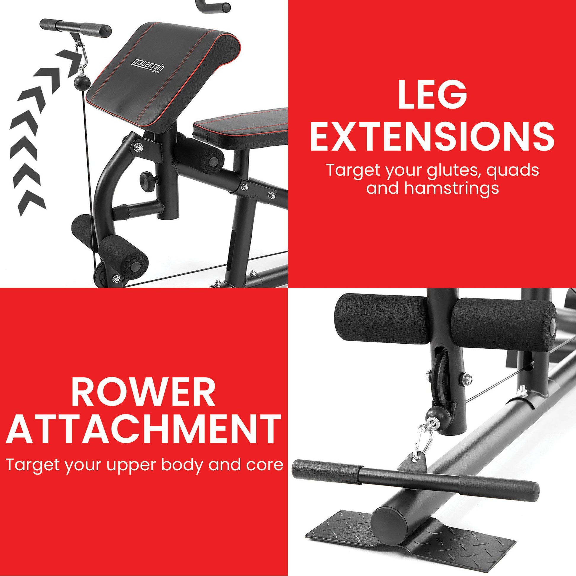 Powertrain gym bench with leg extension and rower attachment for glutes, quads, hamstrings, upper body & core