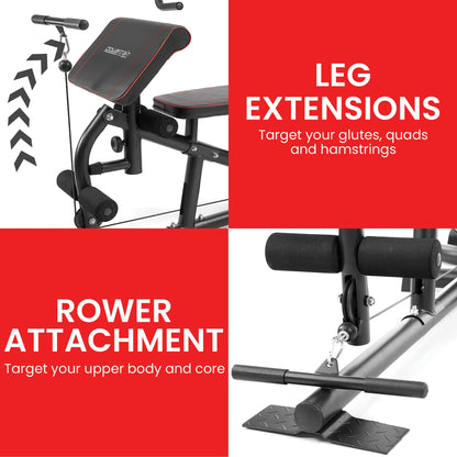 Powertrain gym bench with leg extension and rower attachment for glutes, quads, hamstrings, upper body & core