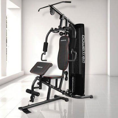 Powertrain home gym machine with weight stack, adjustable bench, and pull-up bar for full-body workouts