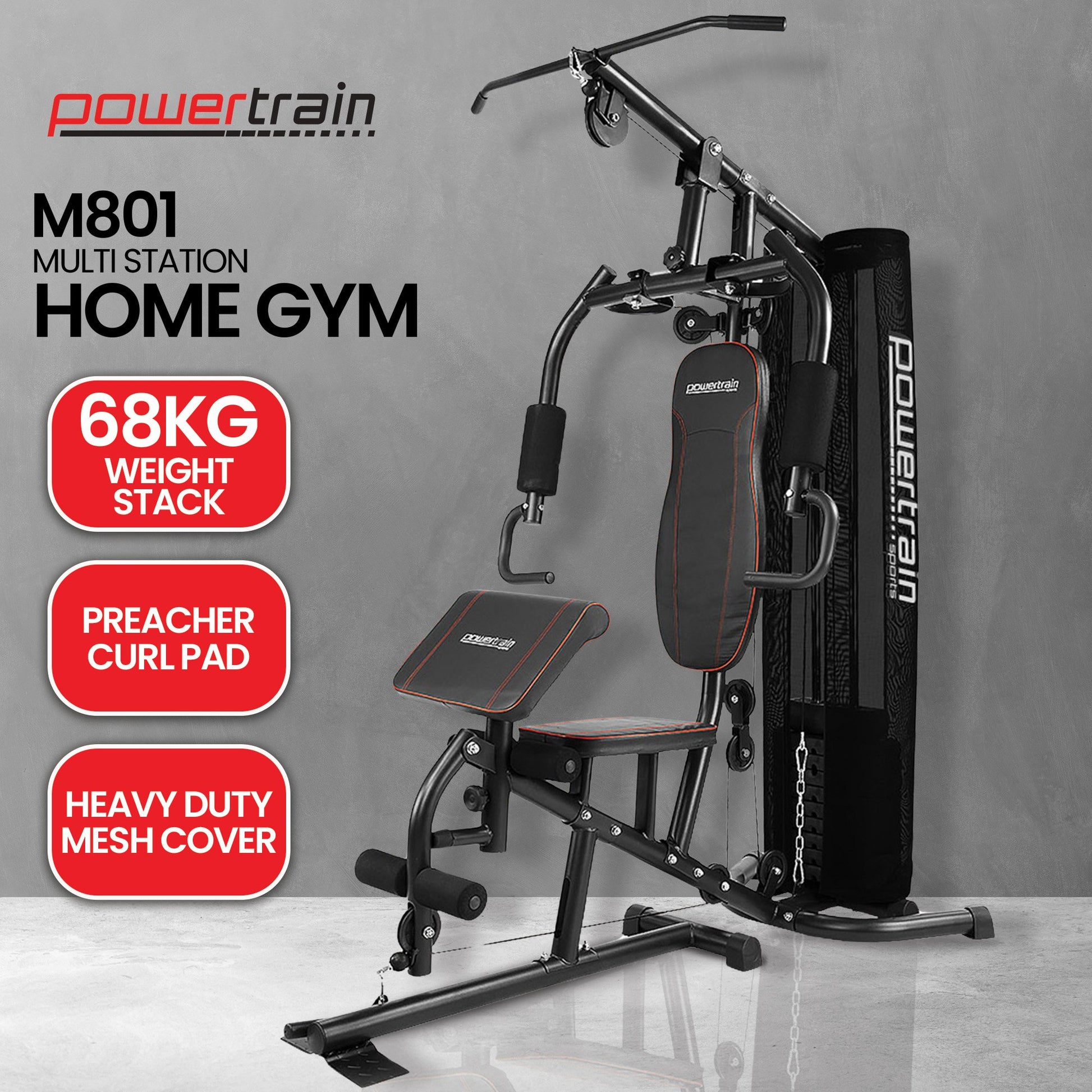Powertrain M801 multi-station home gym with 68kg weight stack, preacher curl pad, heavy duty mesh cover
